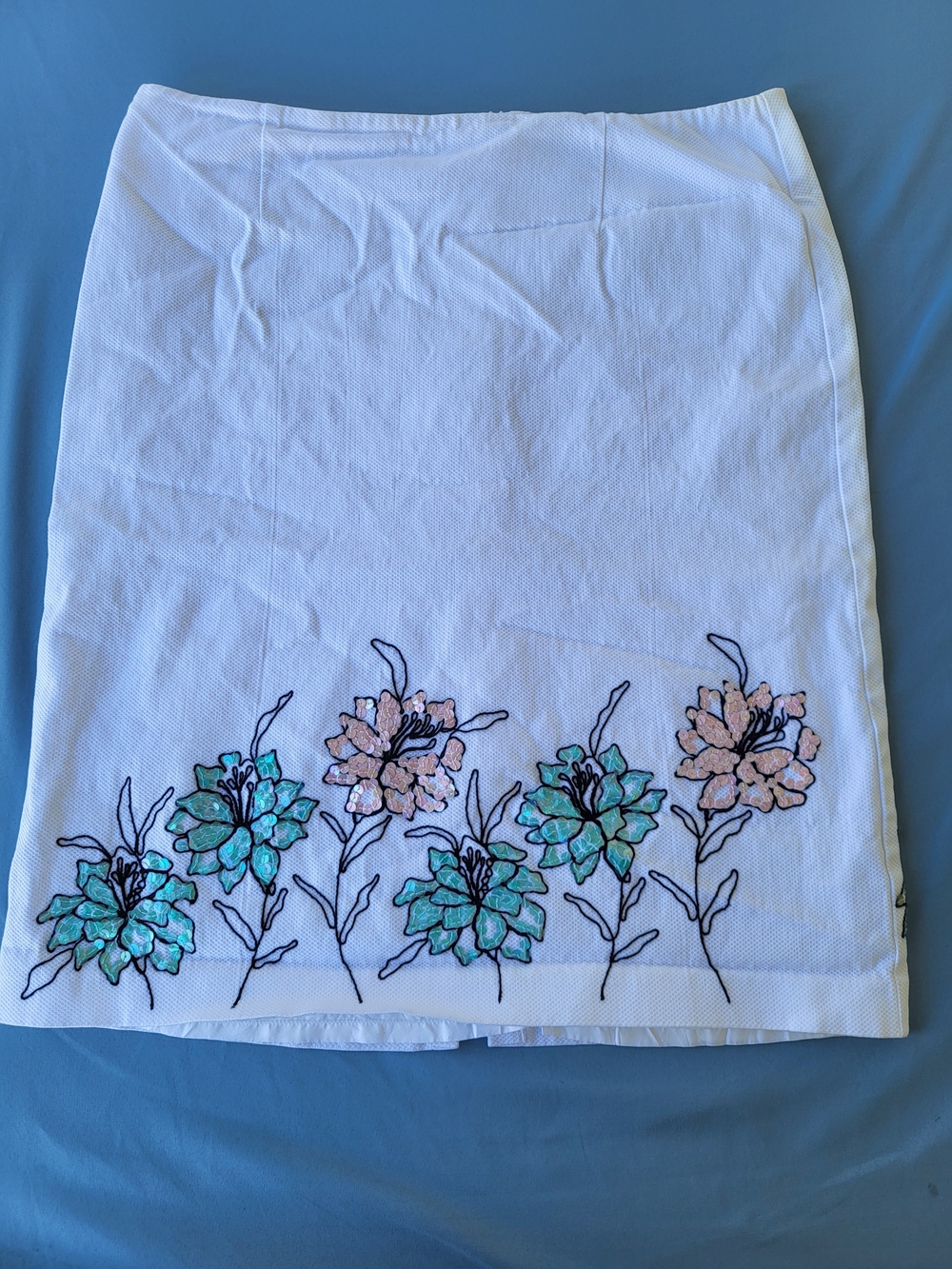 Karen Kane White Pencil Skirt with Mint Green and Blush Floral Embroidery